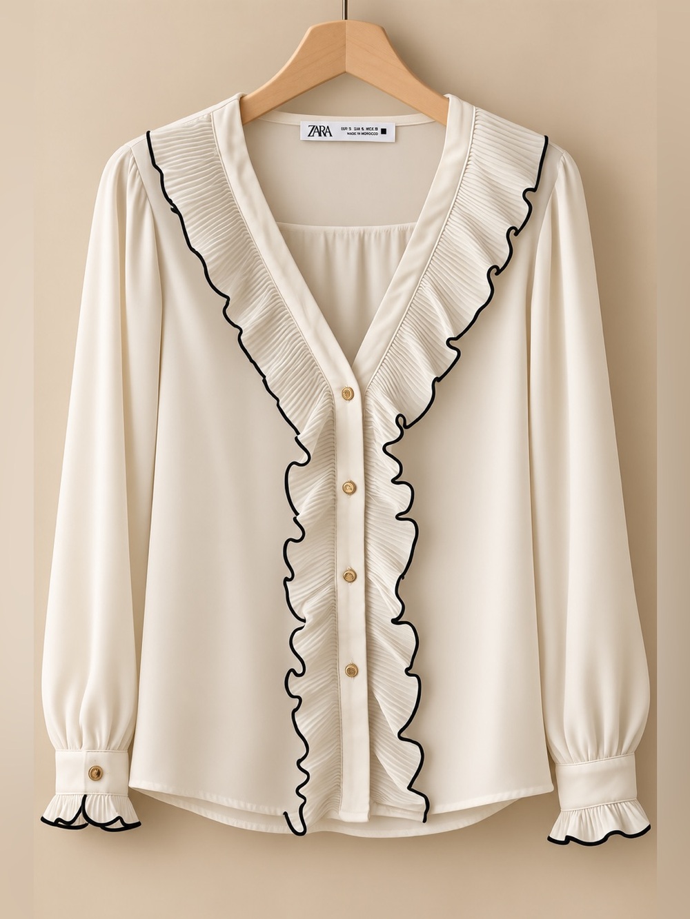 Zara Cream Ruffle-Trim Button-Front Blouse